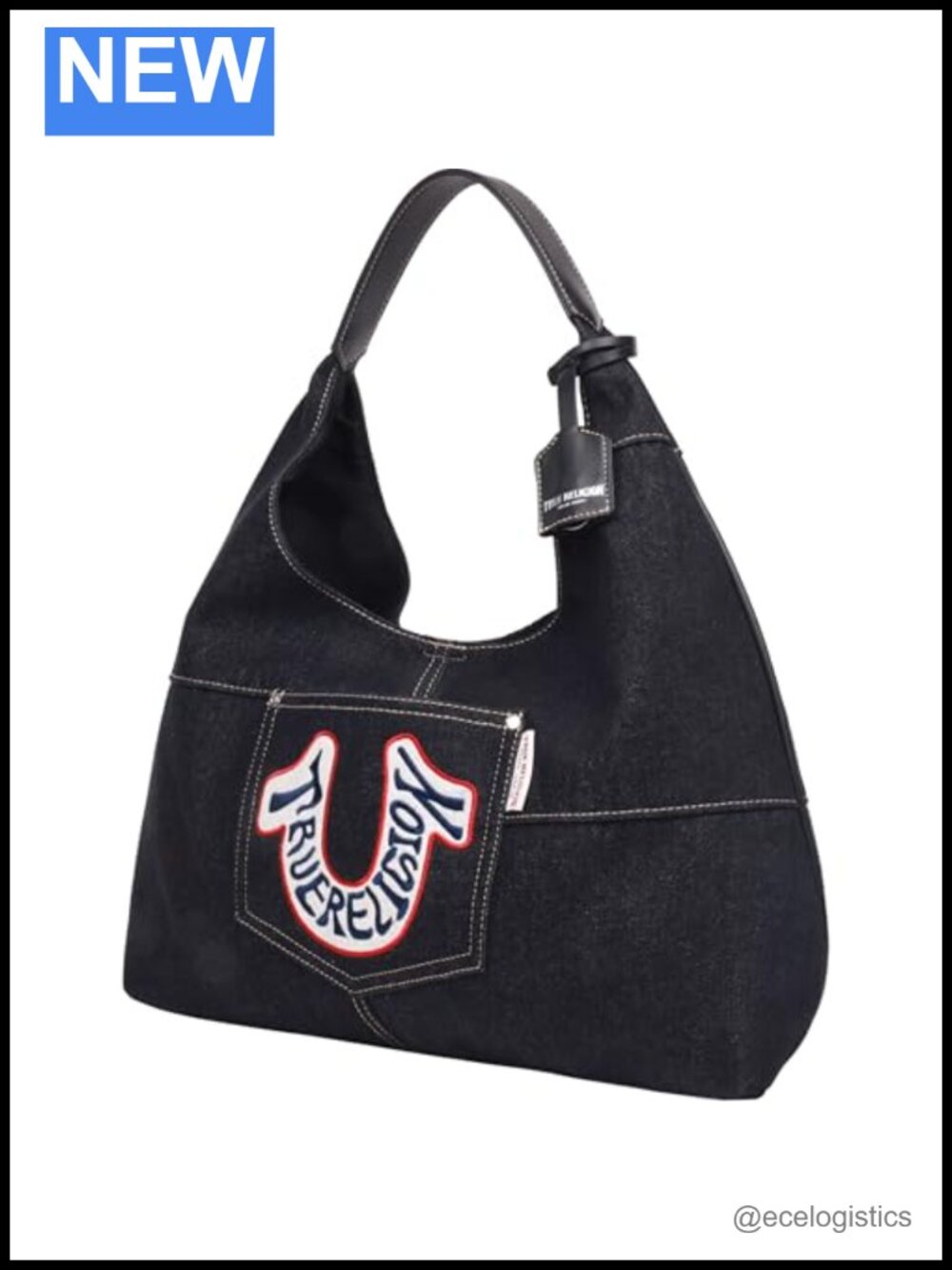 True Religion Retro Denim Hobo Shoulder Bag with Oversized Logo